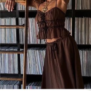 12th Tribe Brown Maxi Skirt with Smocked A-Line Design